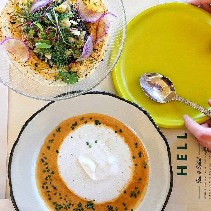 Lobster Bisque, and Hamachi Poke: benne seed, sea urchin, + macadamia nut