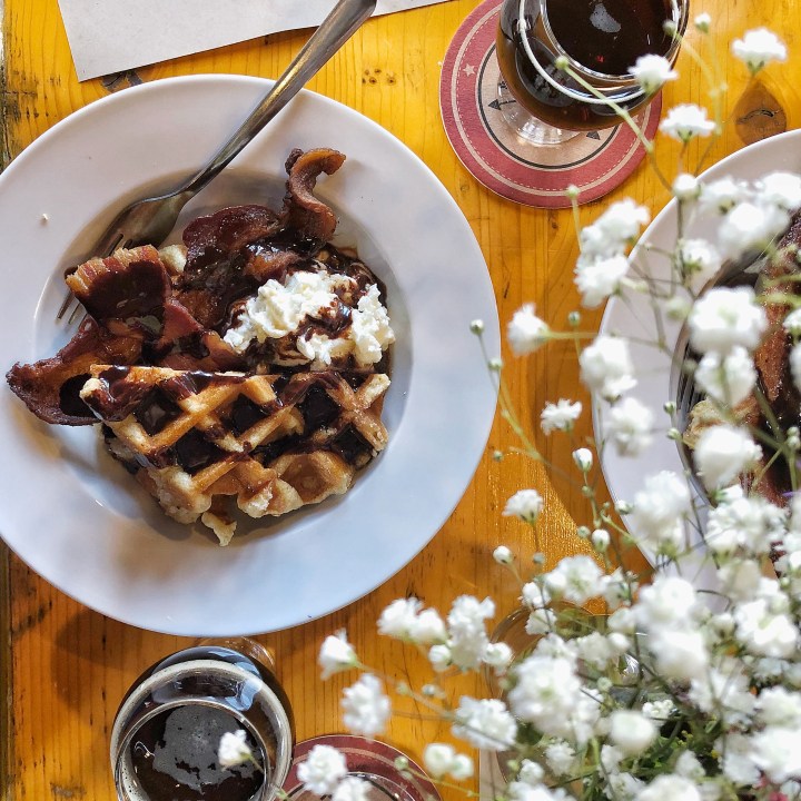 Maple Canyon Waffle (Belgian waffle, chocolate reduction, + Chantilly cream), Maple Candied Bacon, + Maple Canyon Brew