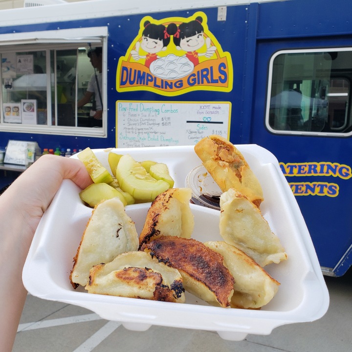 6-Piece Chicken Dumplings, with Spring Rolls and Cucumber Salad, from Dumpling Girls food truck at D9 Brewing Company Summer Concert Series in Cornelius, NC