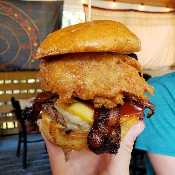 Smokehouse Burger at bisQit in Pawley's Island SC (BBQ sauce, jalapeno bacon, pepperjack, smoked gouda, pickles, and onion ring)