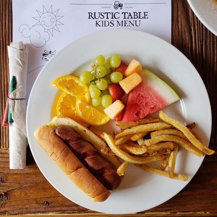 Justin's dog, french fries, and fruit at Rustic Table in Pawley's Island, SC